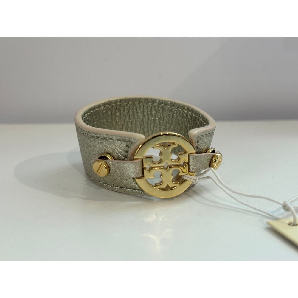 NWT TORY BURCH Metallic Logo Skinny Double Snap Off Leather Bracelet Cuff